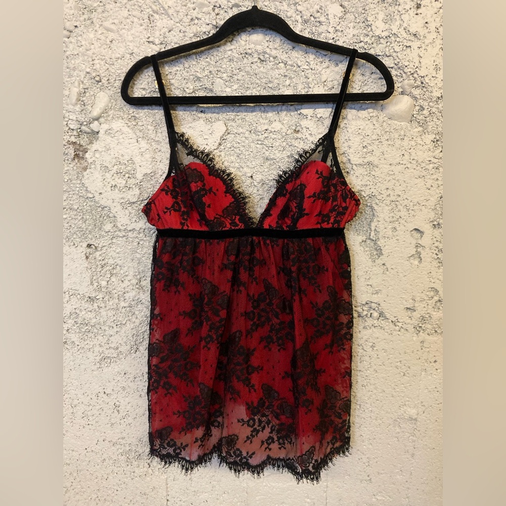 Victoria's Secret Vintage Red and Black Lace Chemise Y2K